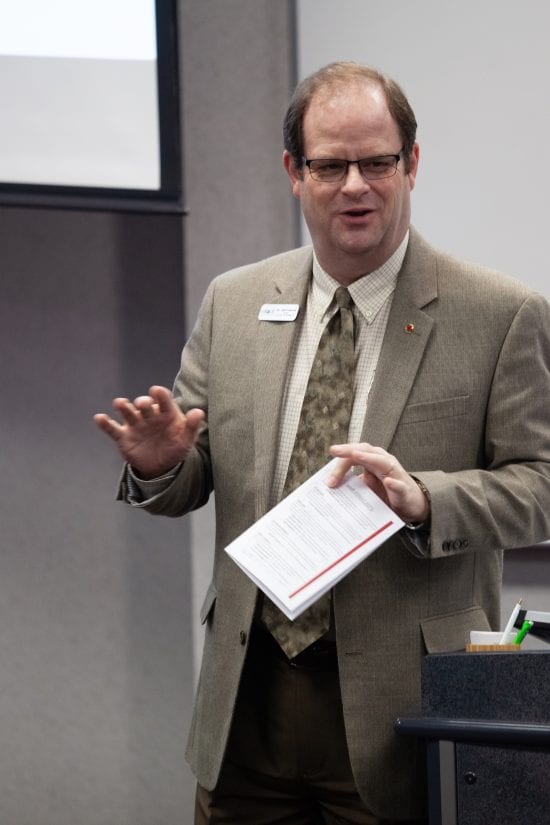 Dr. Fawcett introducing Business Plan Competition 2018